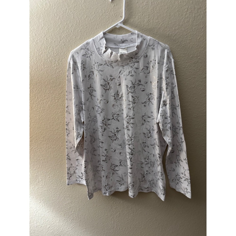 Blair Womens 2XL White Silver Metallic Floral Mock Neck Long Sleeve Top
A974